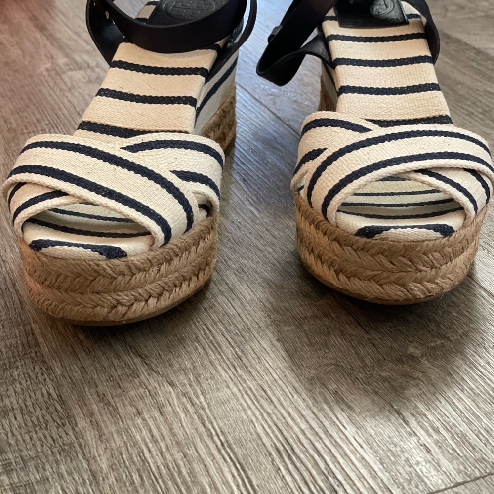 Tory Burch Navy and White Striped Espadrille Wedge Sandals - Picture 5 of 11